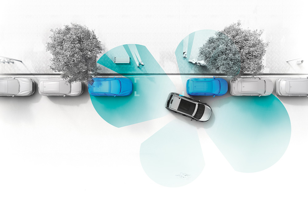 Grafika, amely a Ford Tourneo Connect-et mutatja az Aktív Parkolási Asszisztens funkció használata közben