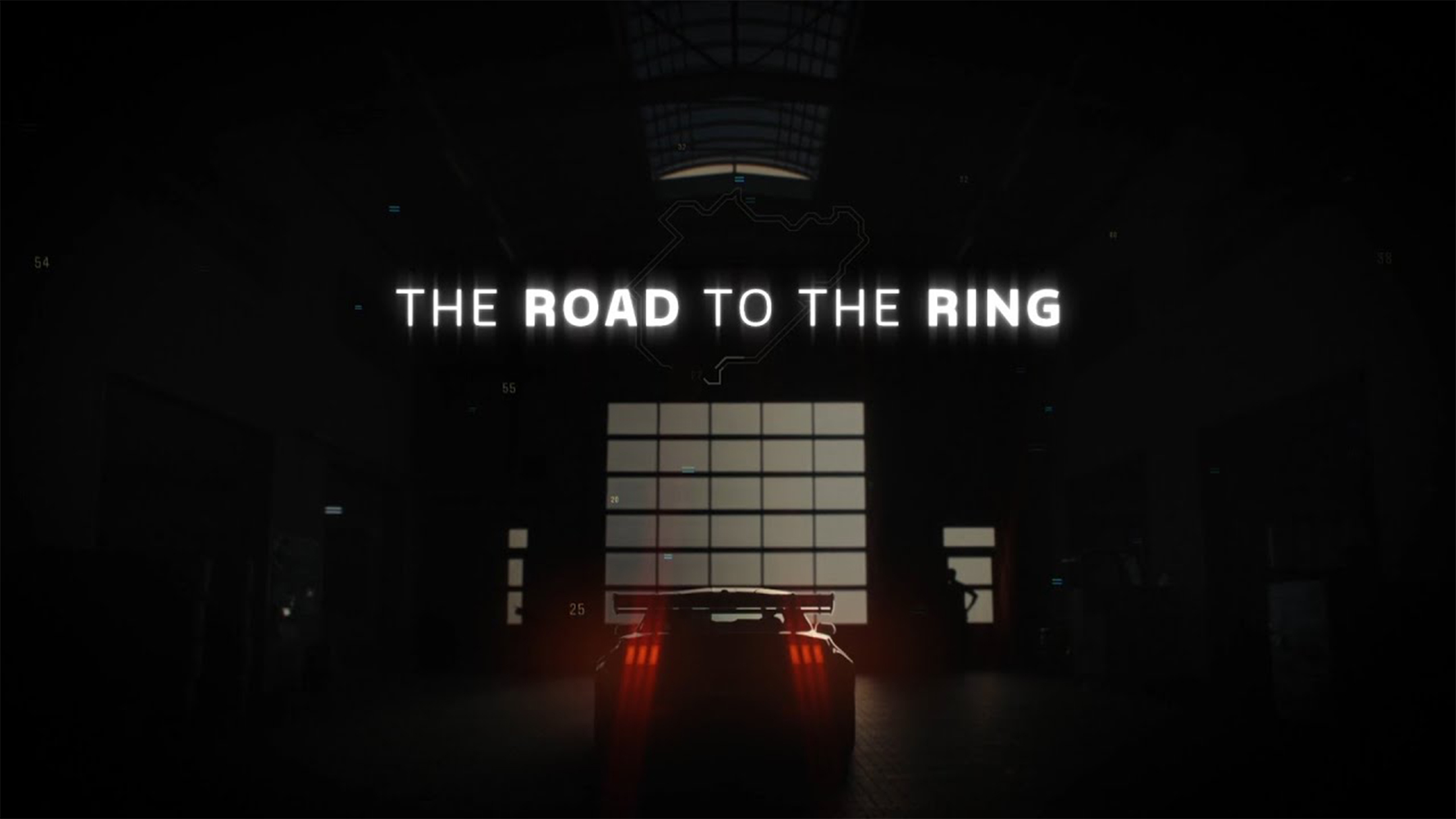 Ford Mustang GTD in a racing garage with "THE ROAD TO THE RING" text.