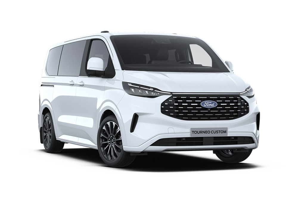 Egy fehér Ford Tourneo Custom Titanium X bal első nézetből.