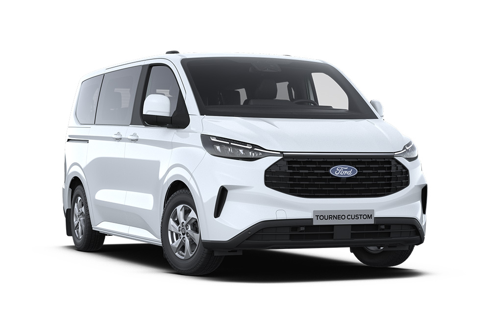 Egy fehér Ford Tourneo Custom Trend bal első nézetből.