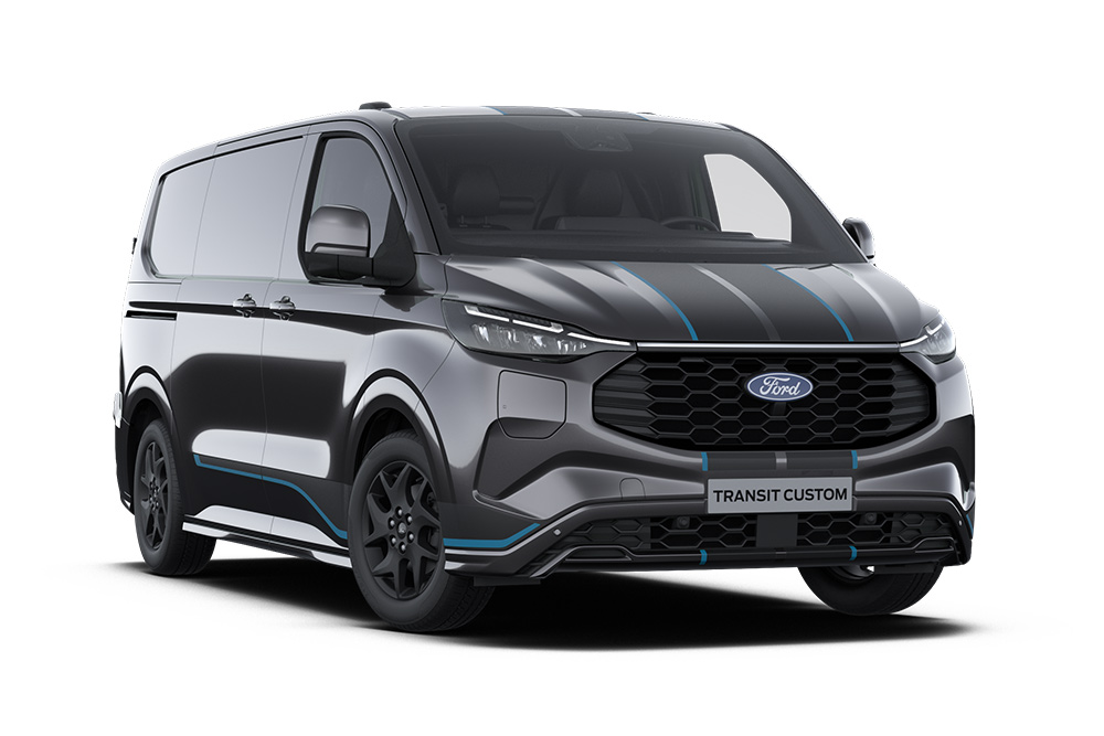Egy sötétszürke Sport Ford Transit Custom, kék dekorcsíkokkal.