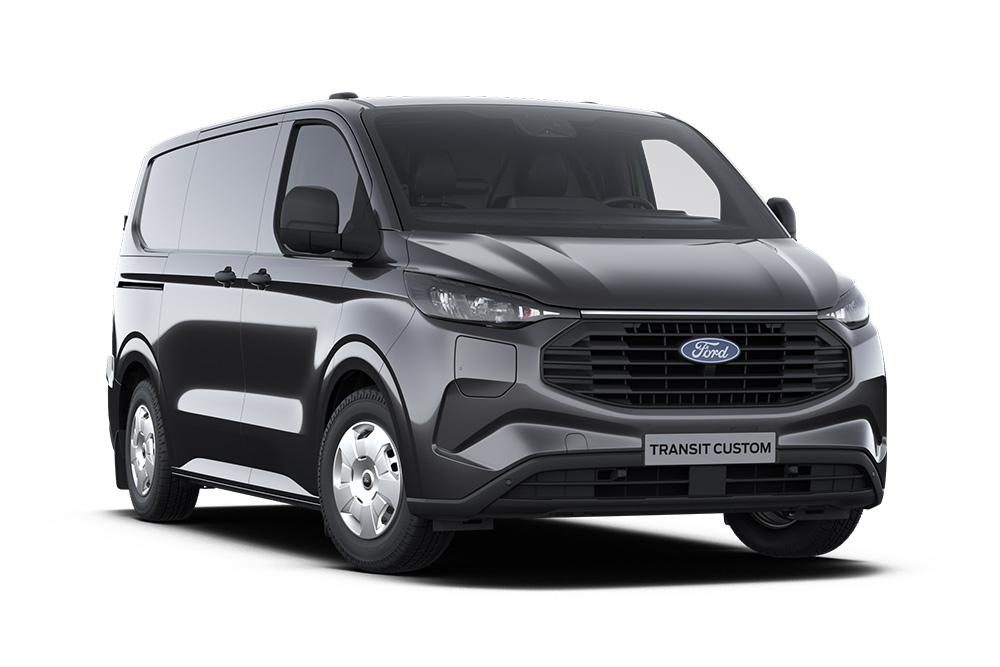 Egy sötétszürke Ford Transit Custom Trend, elölnézetből.