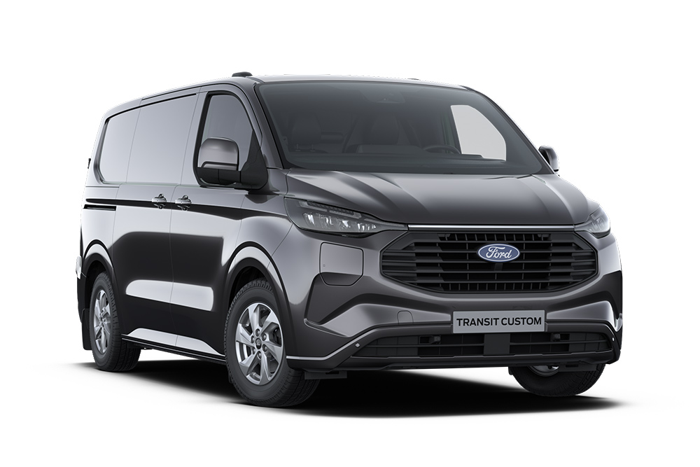 Egy sötétszürke Limited Ford Transit Custom, elölnézetből.