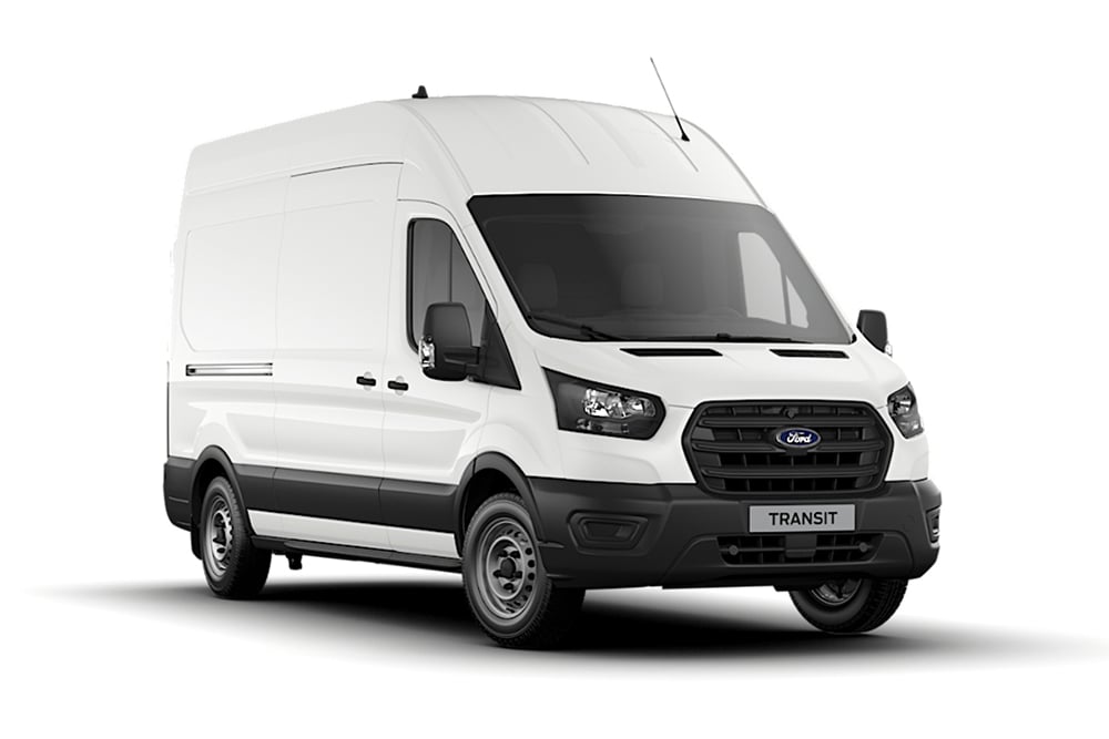 Egy fehér alapfelszereltségű Ford Transit Van.